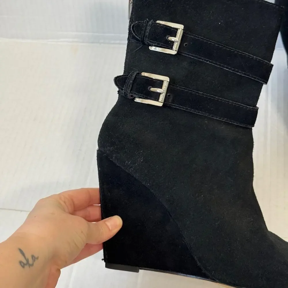 Michael Kors Black Suede Leather Ankle Wedge Boots Womens 10 Y2K Booties Luxury